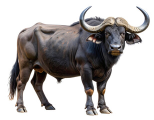 Fototapeta premium Majestic Buffalo Standing Side Profile with Curved Horns, isolated on a transparent background
