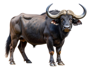 Majestic Buffalo Standing Side Profile with Curved Horns, isolated on a transparent background