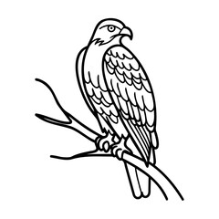 Black Line Art Eagle Perched on Branch Against White Background