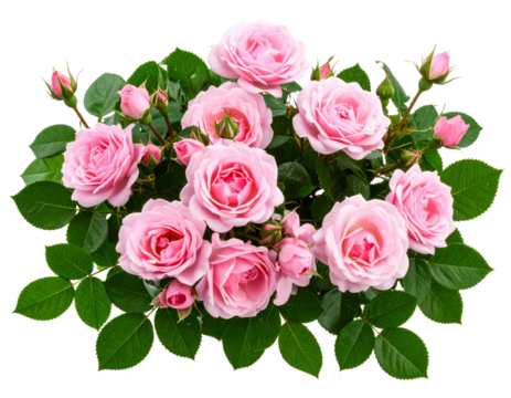 Lush Rose Bush with Vibrant Pink Blooms and Glossy Green Leaves, isolated on a transparent background - Powered by Adobe