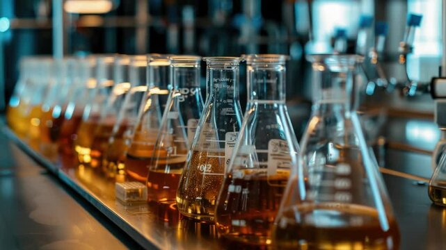A row of flasks sitting on top of a counter, perfect for scientific or medical settings