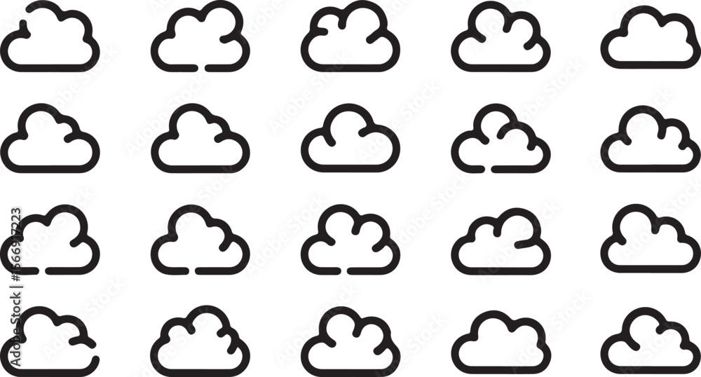 Poster cloud outline icon set - large collection of simple vector weather and sky symbols