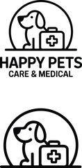 Obraz premium Happy Pets Medical Logo — Silhouette Emblem Featuring Dog with First Aid Kit in Circular Frame and Bold Typography