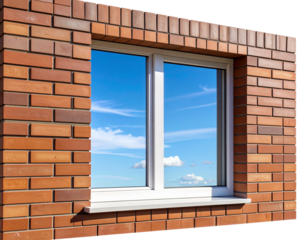 Modern Brick Wall with Rectangular Glass Window Reflecting Blue Sky, isolated on a transparent background
