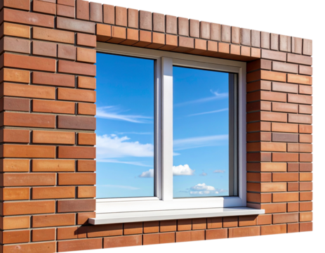 Modern Brick Wall with Rectangular Glass Window Reflecting Blue Sky, isolated on a transparent background