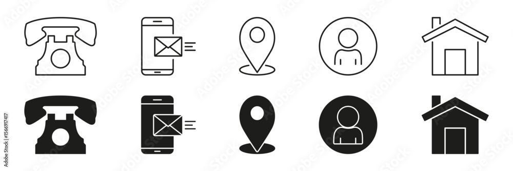 Poster communication and location icon set. contact methods, messaging, and navigation symbol collection. i