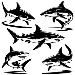 Collection of black and white shark illustrations