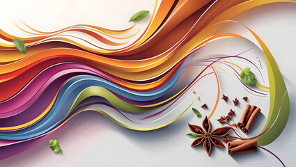 Indian spices. Vibrant abstract waves with spice elements like cinnamon and star anise on a light background