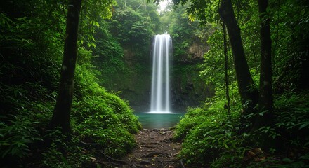 Serene Waterfall Plunging into Emerald Pool, Surrounded by Lush Rainforest