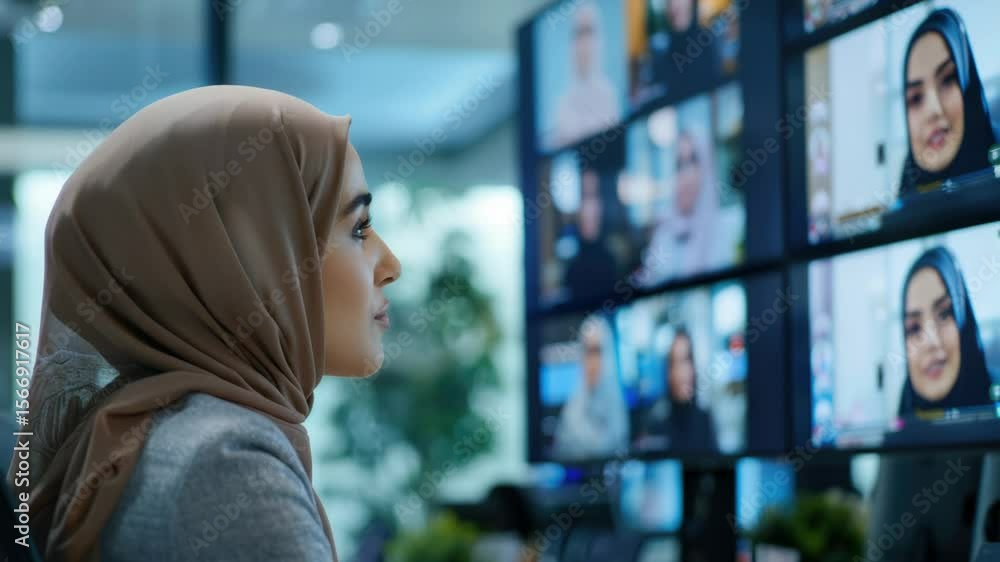 Poster A person looks at multiple computer monitors, likely working or browsing
