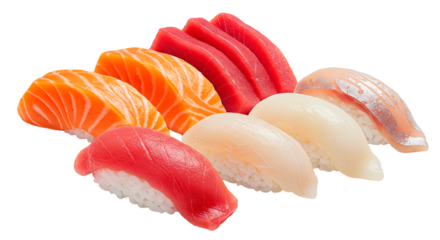 Delicious sushi and sashimi selection with fresh salmon and tuna.