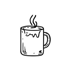 Hand-drawn doodle of hot cocoa mug with steam in minimal black line art style, perfect for winter cards, cafe branding, or seasonal drink menu – black and white transparent vector