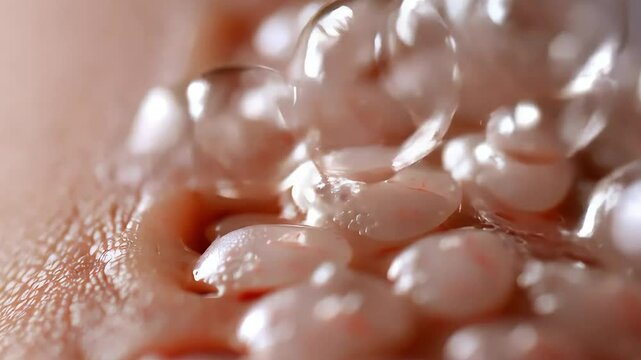 Water bubbles cleaning clogged pores in 3D close-up skin care animation. Oil dirt bacteria removal by water microbubbles cosmetic treatment.

