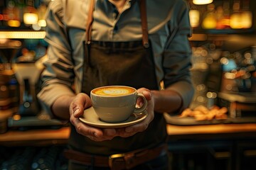 High Resolution Visual of Bar Concept with Barman Holding Coffee Cup