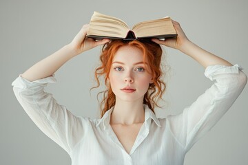 High Resolution Image of Pensive Ginger Woman in Shirt Holding Book on Her Head