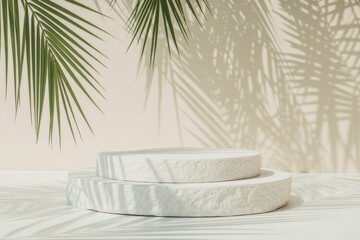 White background of wall with palm shadows and white stone podium Free space for your decoration product presentation mock up show cosmetic product display Podium stage pedestal or pla