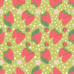 Strawberry Seamless Vector Patterns with Floral and Polka Dot Elements
