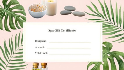 Spa-themed gift certificate template with pebbles, candles, towels, and tropical leaves. Light pink and green color palette evokes relaxation and calm. Generative AI.