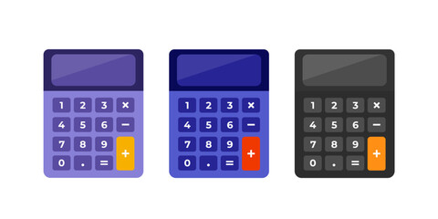 Set of flat vector calculator icons in different colors. Simple modern design, numeric keypad. Isolated on white background.