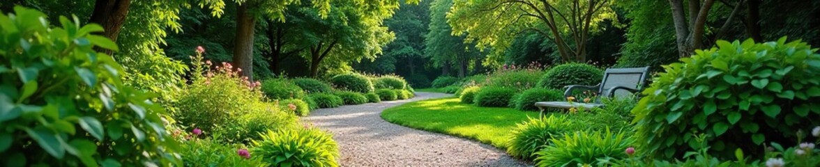 Serene Garden Pathway Tranquil Seating Area Amidst Lush Greenery, Perfect for Relaxation and Contemplation. Ideal for Landscaping, Gardening, and Design Websites.