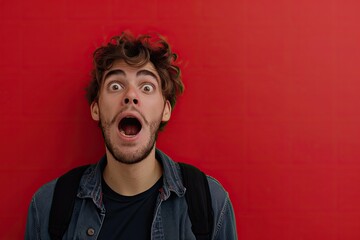 High Definition Visual of Front View of Young Man with Surprised Face on Red Wall
