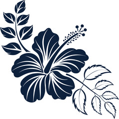 Elegant Dark Blue Hibiscus Flower and Leaf Illustration