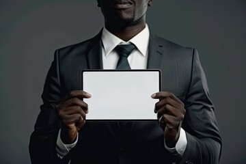 Detailed Visual  of Crop Ethnic Man in Suit with Tablet