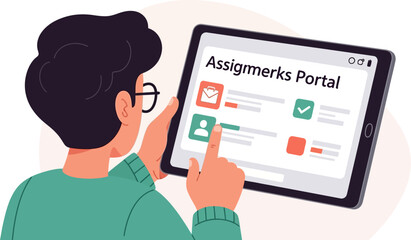 Man using assignment portal on tablet for online education and management