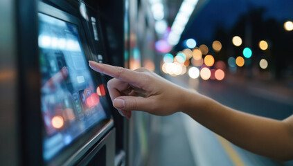Passenger Using Touchscreen Ticket Kiosk at Railway Station

