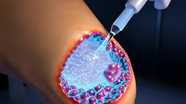 3D knee joint cross-section animation showing collagen injection restoring cartilage cushioning