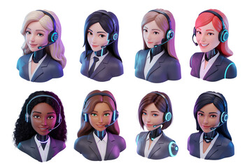 AI Chatbot Female Robot with Human Face Characters Set Wearing Headset for Customer Support Isolated in White Background
