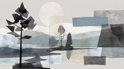 Collage illustrating zen meditation with abstract landscape in soft colors, collage illustratrion