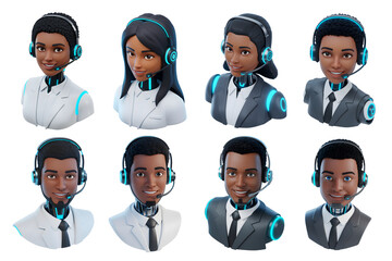 AI Chatbot Black Hair African Robot with Human Face Characters Set Wearing Headset for Customer Support Isolated in White Background