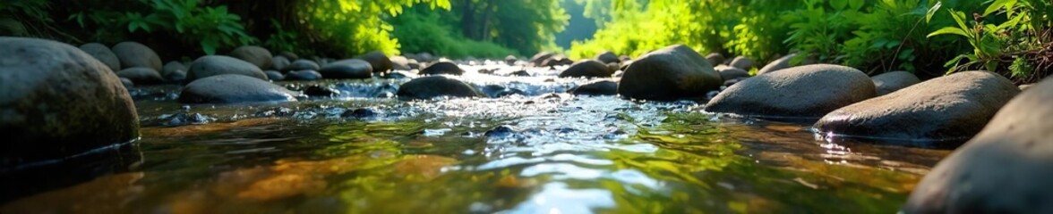 Serene Stream Flowing Over Smooth Stones in Sunlight Dappled Lush Green Vegetation Tranquil Nature Scene Ideal for Relaxation and Environmental Themes