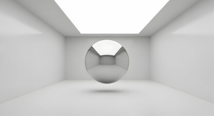 Floating chrome sphere in white room