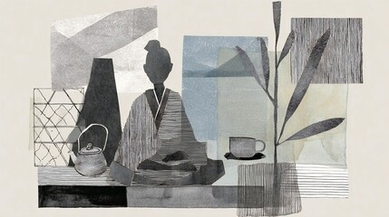 Meditative collage of zen elements featuring textile and pencil illustrations, collage illustratrion