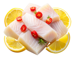 Pabda Fish Fillet with Red Chili and Lemon Wedges, isolated on a transparent background