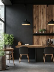 vibrant color image of Wooden and dark gray cafe wall high detail