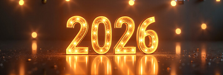 Glowing "2026" numbers in bright golden light reflecting on a dark surface surrounded by soft party lights, celebrating the New Year concept.