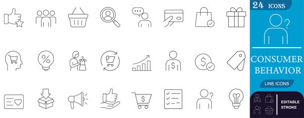 A clean line icon set illustrating consumer behavior, shopping decisions, product reviews, purchase journey, price perception, marketing, and buyer insights.