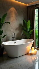 Luxurious Spa-Like Bathroom Freestanding Tub, Lush Greenery, and Soft Lighting