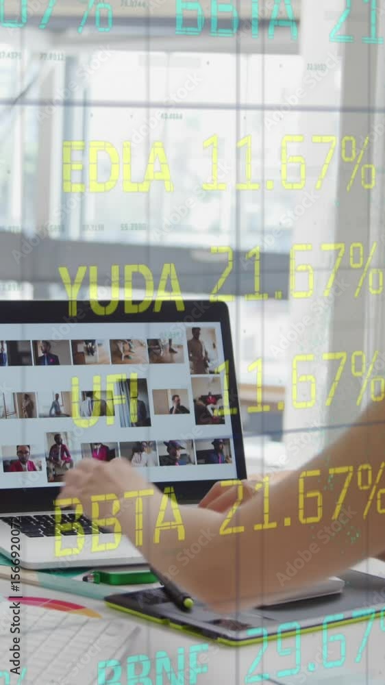 Poster animation of stock market data processing over asian female graphic designer using computer