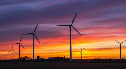 Obraz premium Silhouetted Wind Turbines at Sunset over Farmland