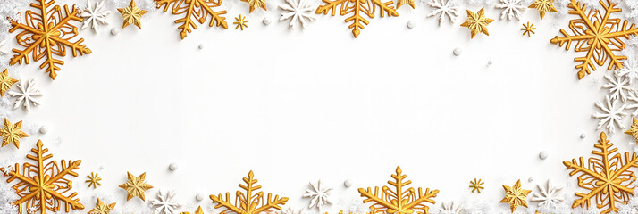Traditional Christmas-themed border with gold and white snowflakes and intricate starbursts, festive design concept