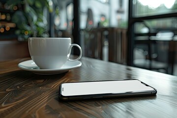 Premium Quality Picture of Cup of Coffee and Mobile Phone on a Table in a Cafe