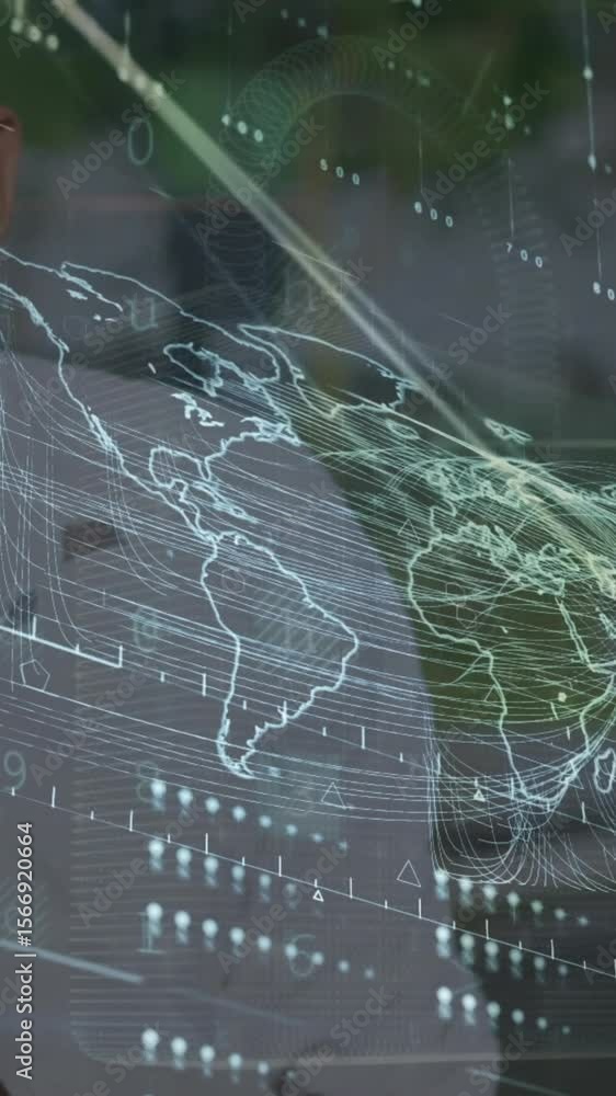 Poster animation of interface with data processing over man talking on smartphone outdoors