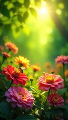 Serene Sunlight Dapples Vibrant Flower Garden, Bees Buzzing, Peaceful Wellbeing