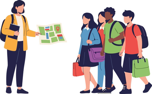 Tour guide showing map to group of students on educational field trip