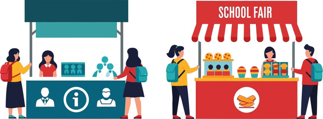 School fair event vector illustration with food and extracurricular booths