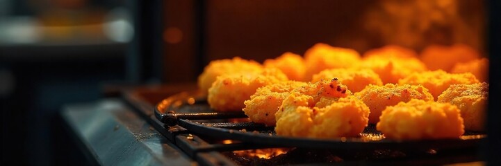 Crispy Fried Food Emerging from Commercial Fryer, Golden Brown and Delicious ? Perfect for Restaurant Menus, Culinary Websites, and Food Service Marketing